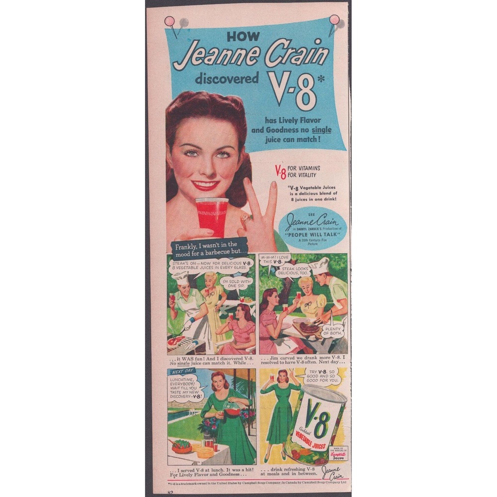 1951 V-8 Vegetable Juice Vintage Print Ad Jeanne Crain People Will Talk Movie
